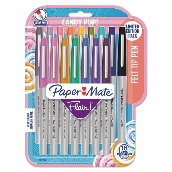 Paper Mate Flair Felt Tip Stick Marker Pen, 0.4mm, Asstd Ink, Gray Barrel, PK16 2027233